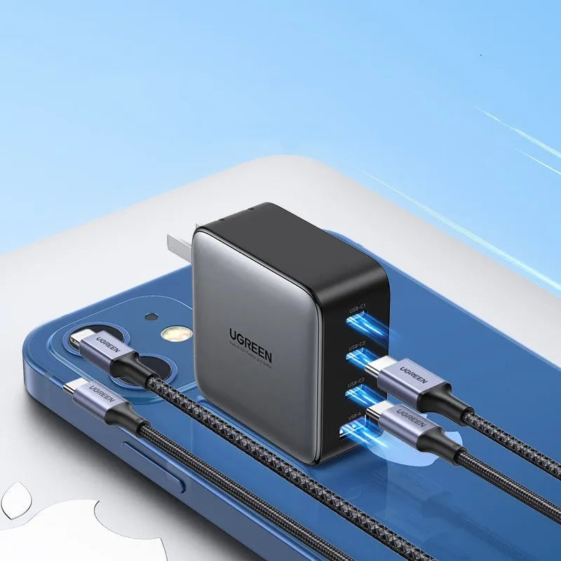 100W Gallium Nitride multi-port fast charger plug on a white background.
