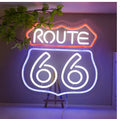 66 Highway LED neon word sign emitting warm white glow against a dark background