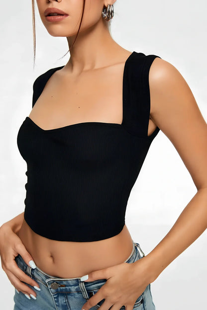 Black ribbed sleeveless crop top with sweetheart neckline, 90% polyester 10% spandex, sizes XS-XL