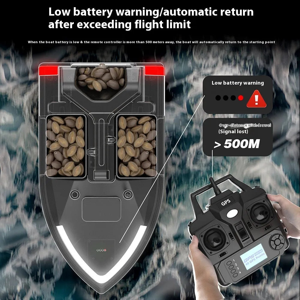 Black and luminous yellow remote control GPS fishing boat with antenna and LED light on open water.