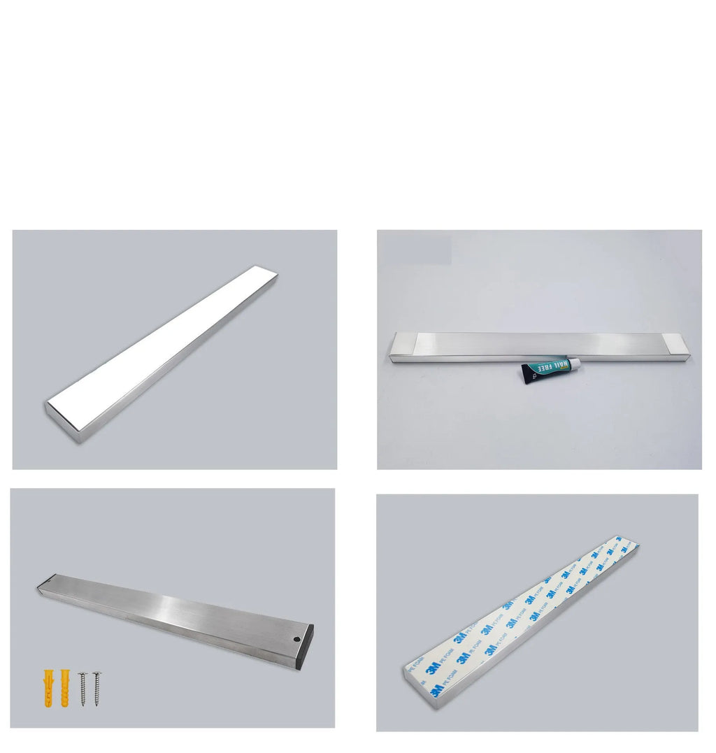 Stainless steel wall-mounted magnetic knife storage rack in various sizes.