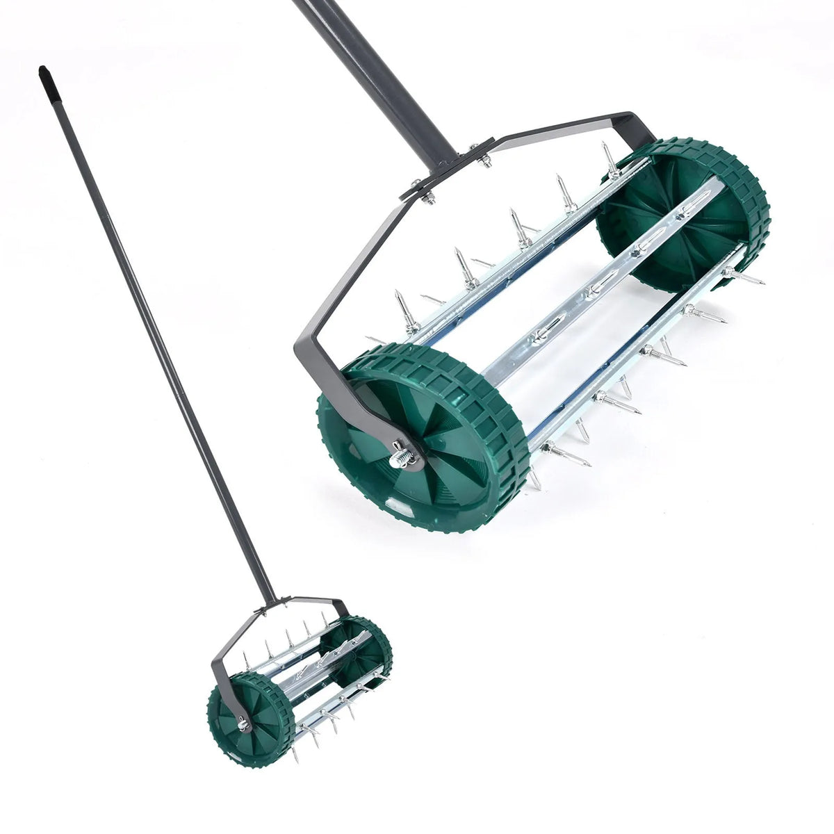 Manual lawn aerator tool with A3 steel construction resting on grass, dimensions 45x24x22cm