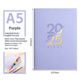 A5 2025 daily planner with soft faux leather cover in blue, green, pink, purple, or yellow.