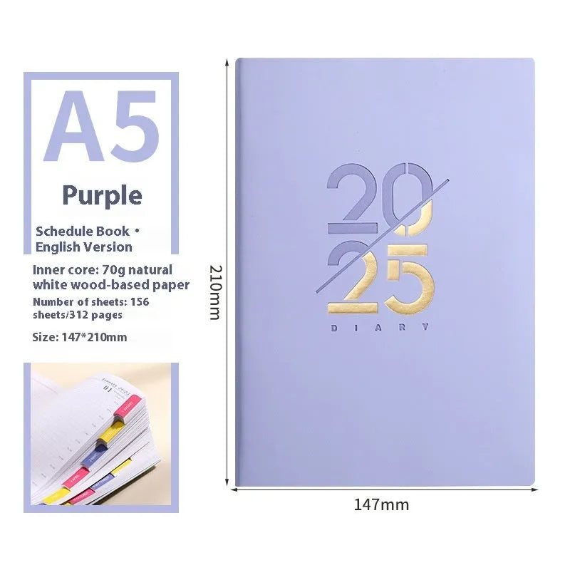 A5 2025 daily planner with soft faux leather cover in blue, green, pink, purple, or yellow.