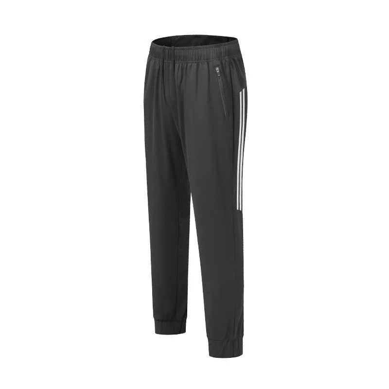 Men's black polyester running trousers with a mid-waist and full-length leg.