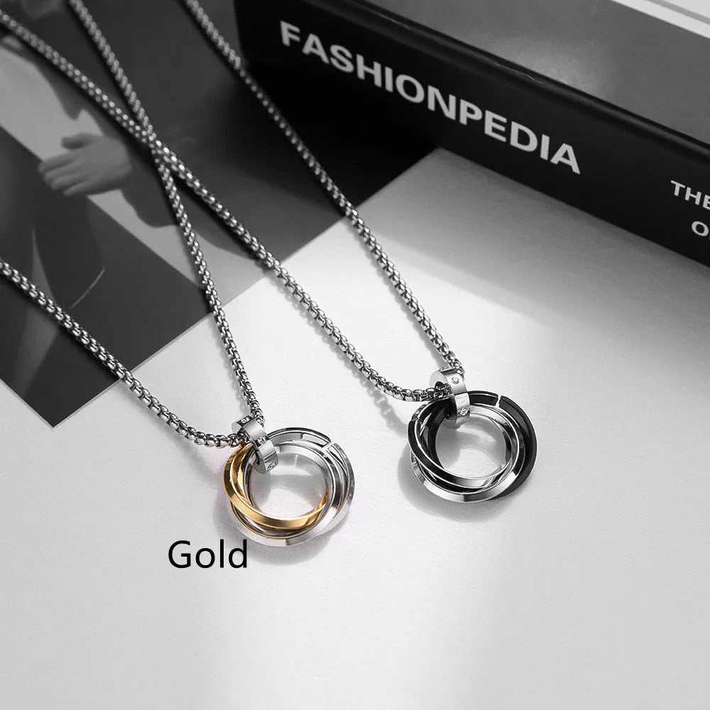 Men's geometric pendant necklace in titanium steel with electroplated black finish on a simple chain