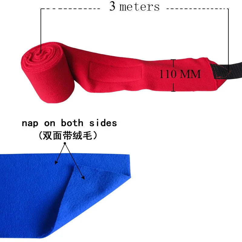 Set of four thick fleece double-sided plush horse leg guards in assorted colours on a stable floor