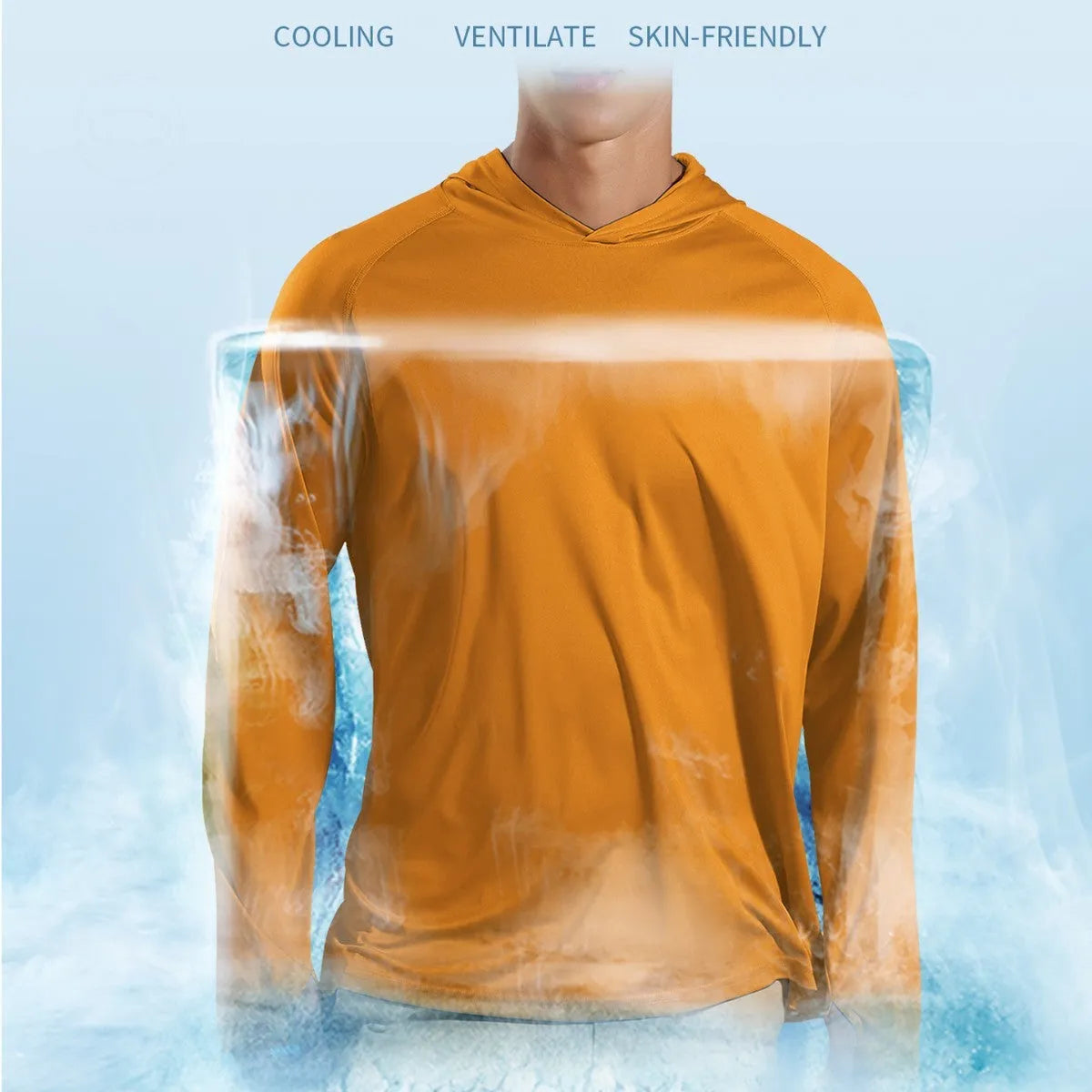 Outdoor UV protection long sleeve hooded top in polyester fabric available in multiple colours