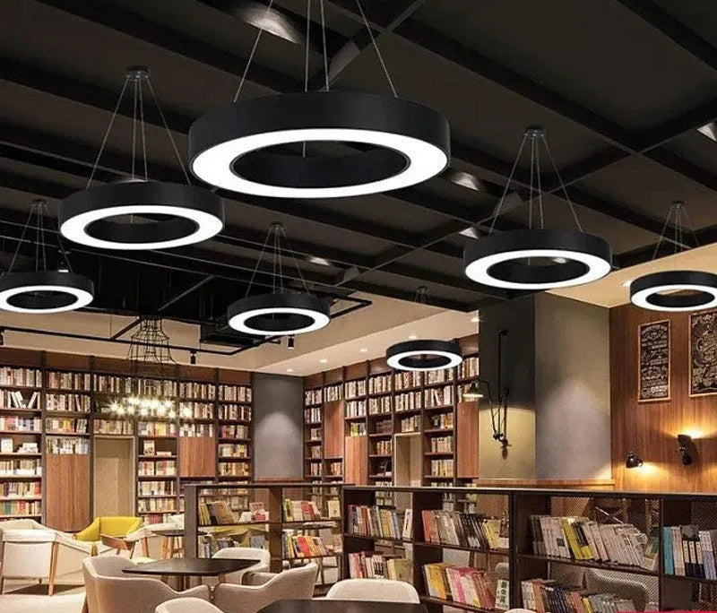 Industrial wind LED ring light with hollow black frame, 40cm diameter, white light, PVC shell pendant fixture
