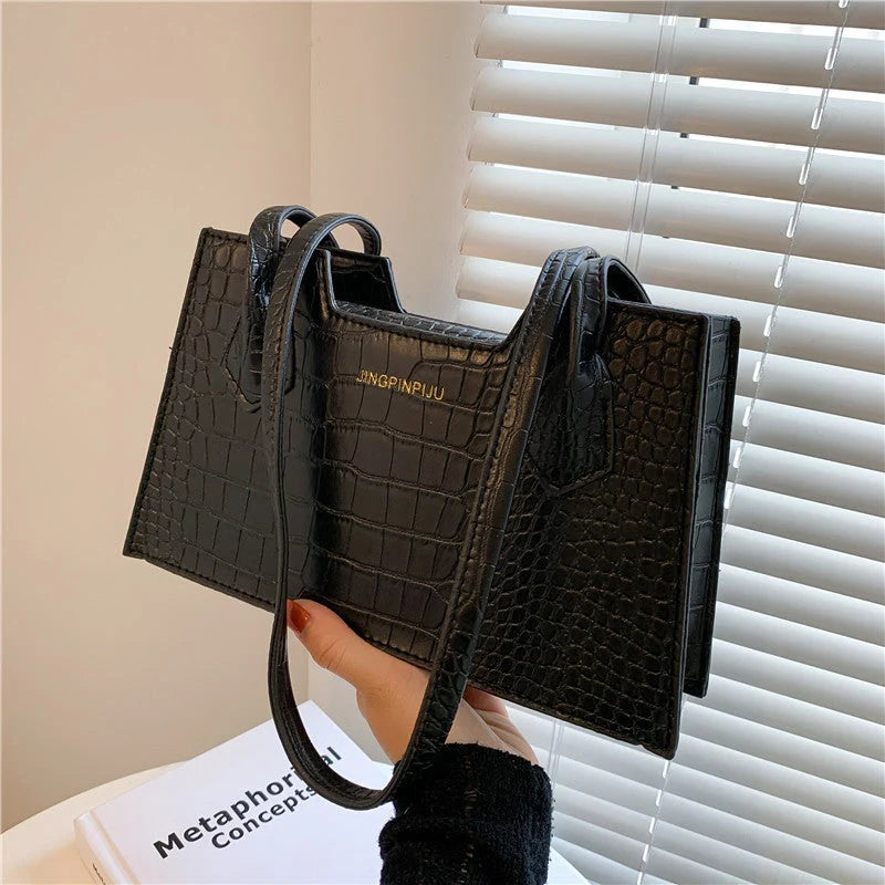 Trendy PU small square shoulder bag with crocodile pattern in black, orange, white, and grey