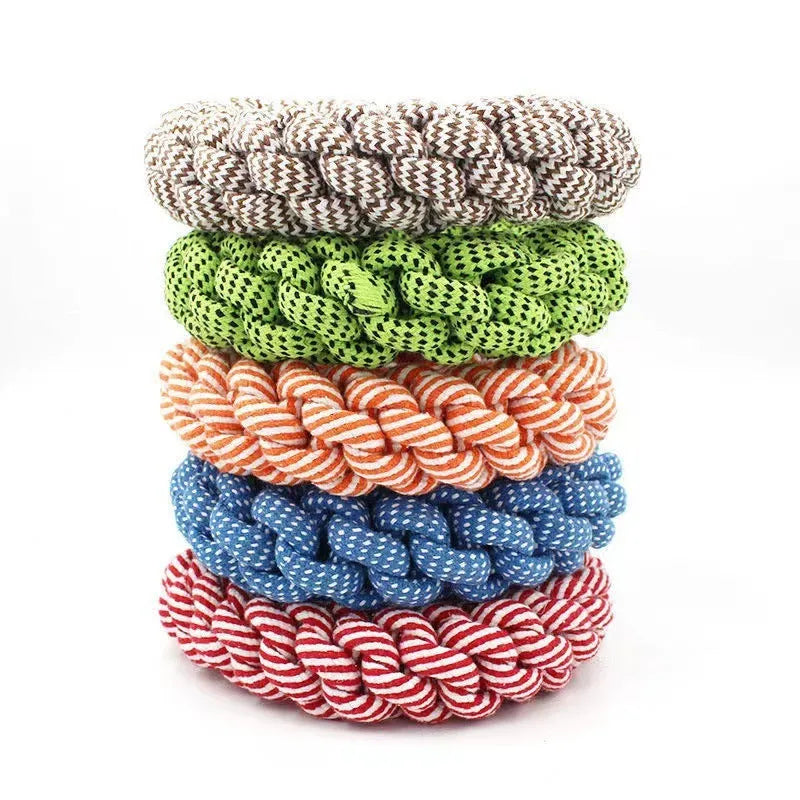 Cotton string braided ring dog chew toy measuring 18cm with knotted texture