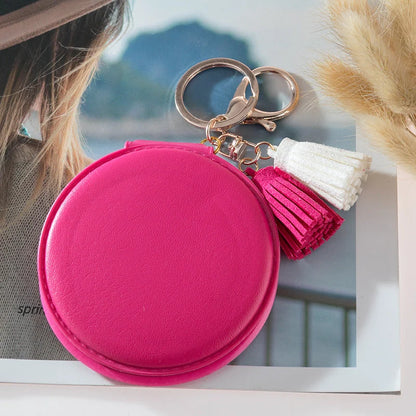 Mini round PU leather small mirror with tassel in various colours