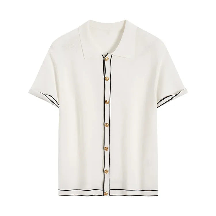 White short sleeve cardigan with contrasting colour lapels and collar on a model.