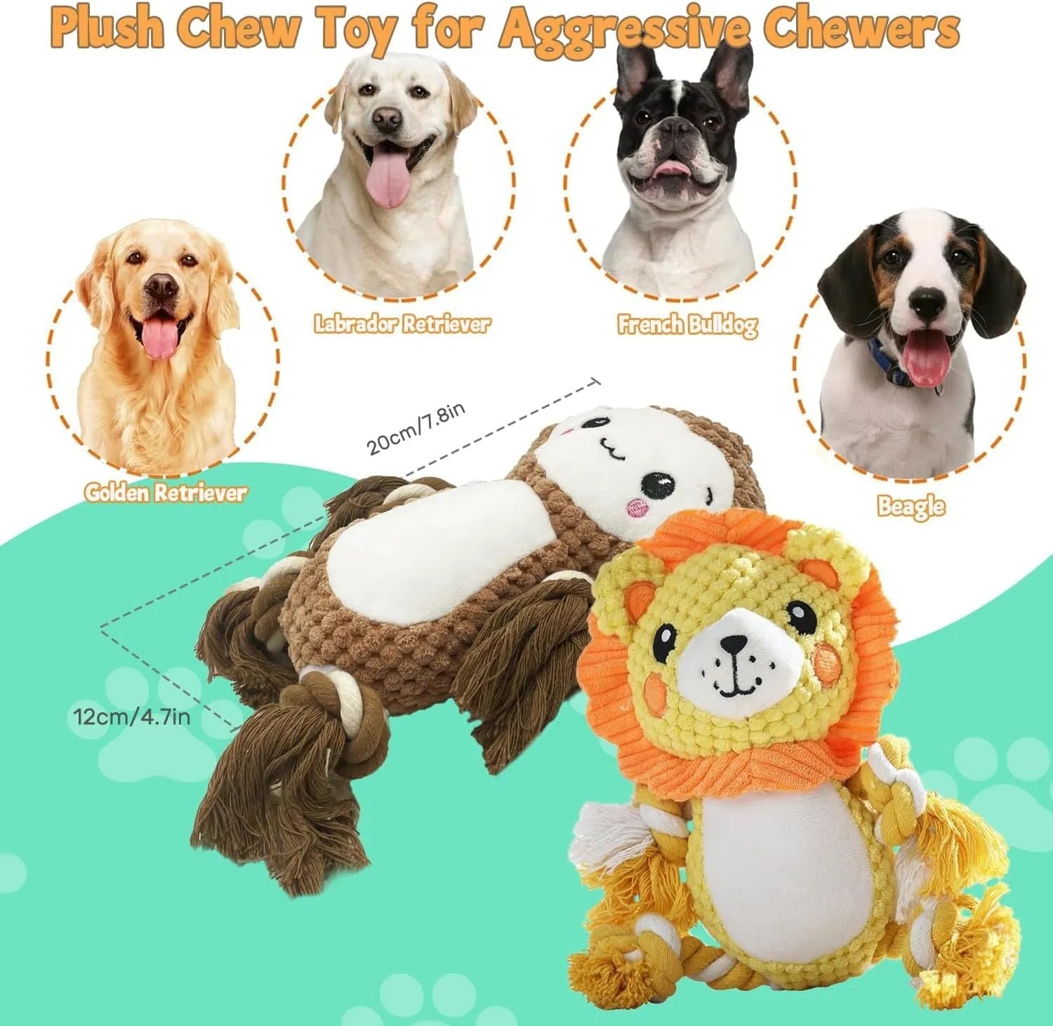 Lion and monkey plush squeaky dog toys for medium to large breeds