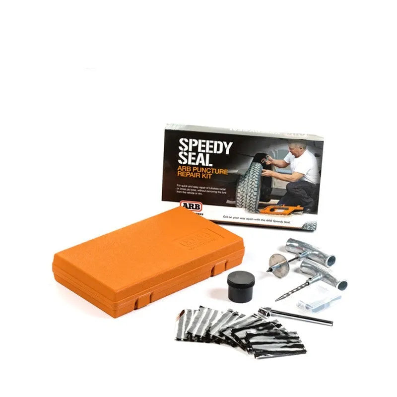 Speedy Seal emergency tyre repair tool set with pressure gauge in compact case