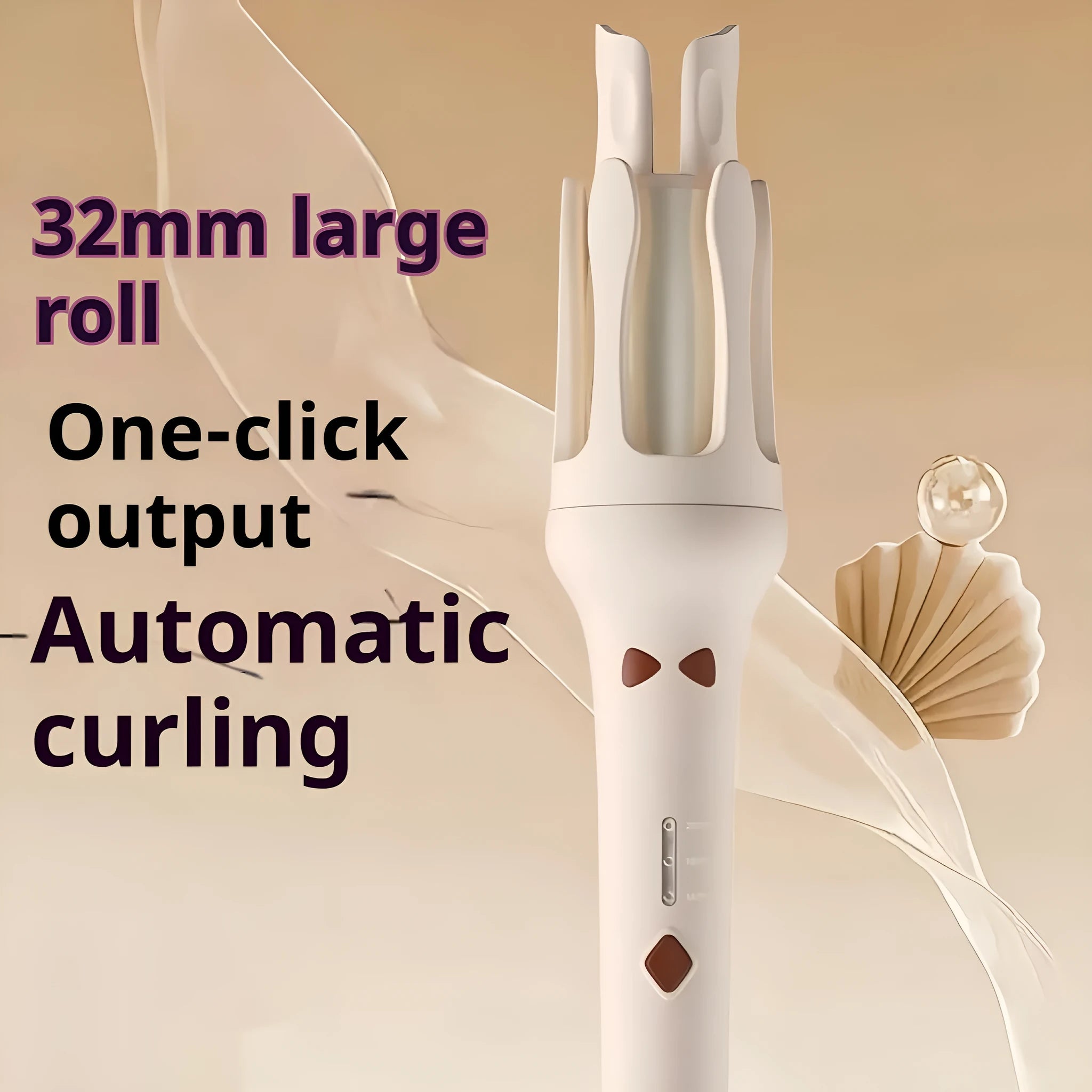 Automatic hair curler with white ceramic barrel on a stand, showing colour options.