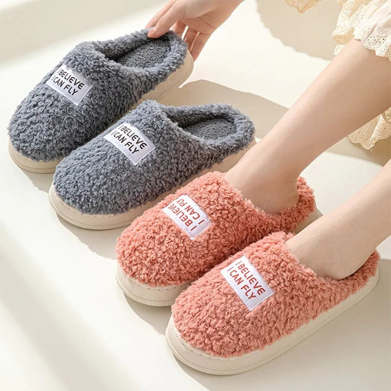 Letter design thick sole fluffy slippers in dark grey with plush upper and PVC sole for non-slip winter use