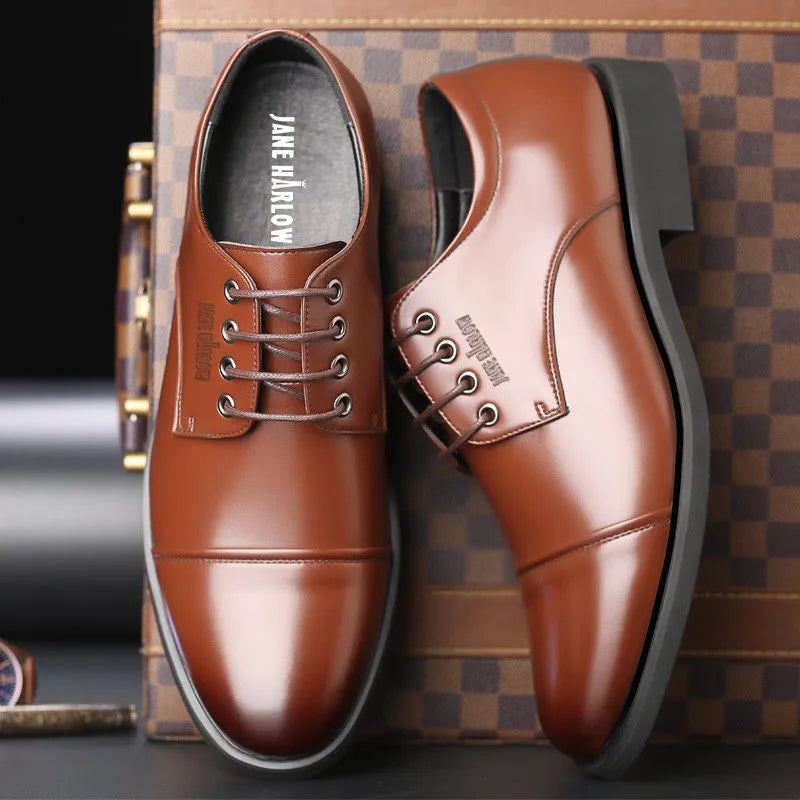 Men's genuine leather height increasing business shoes, JH001 Black, low-top round toe with sewing thread detailing