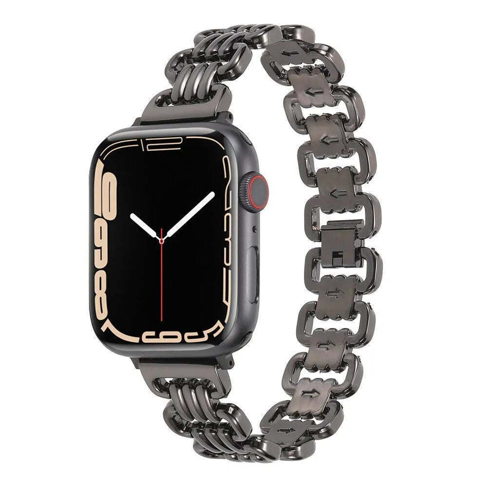 Stainless steel alloy Apple Watch band in silver, black, gold, rose gold, and starlight colours.