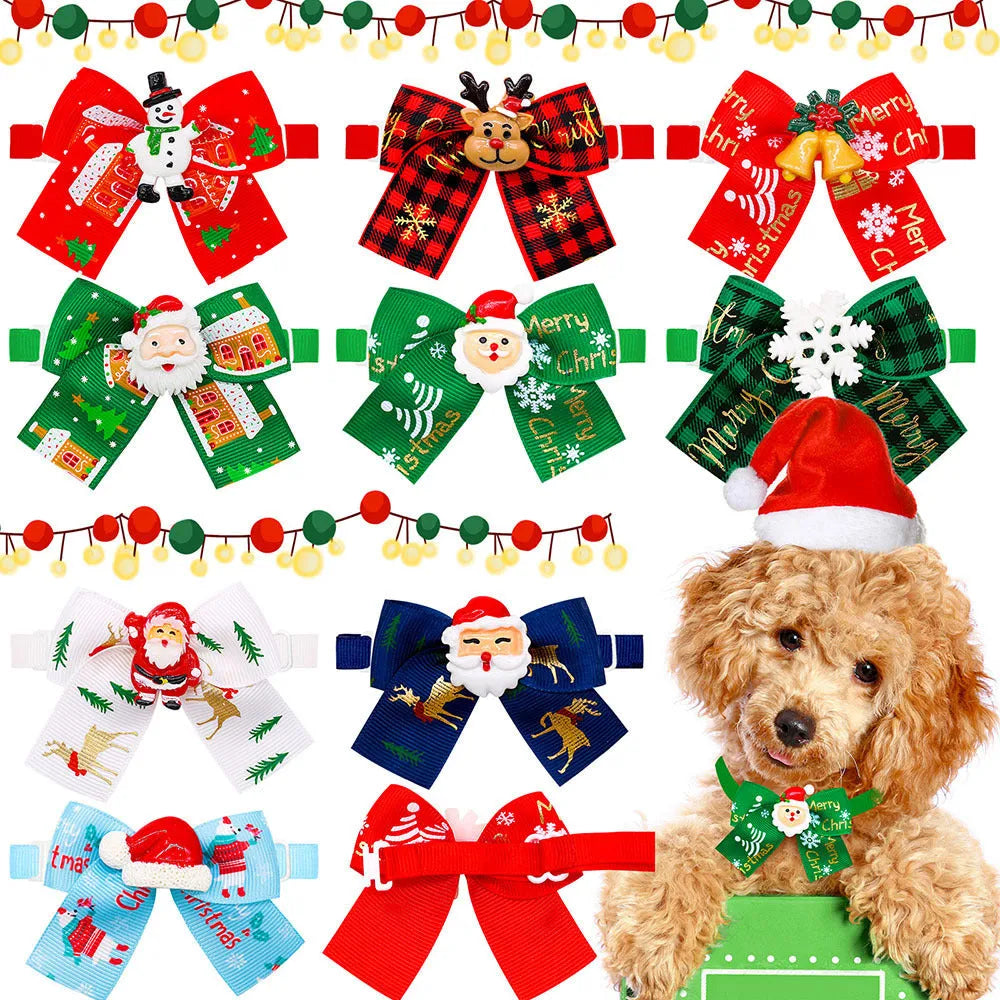 A red and green polyester pet bow tie with a British style, for Christmas decoration.