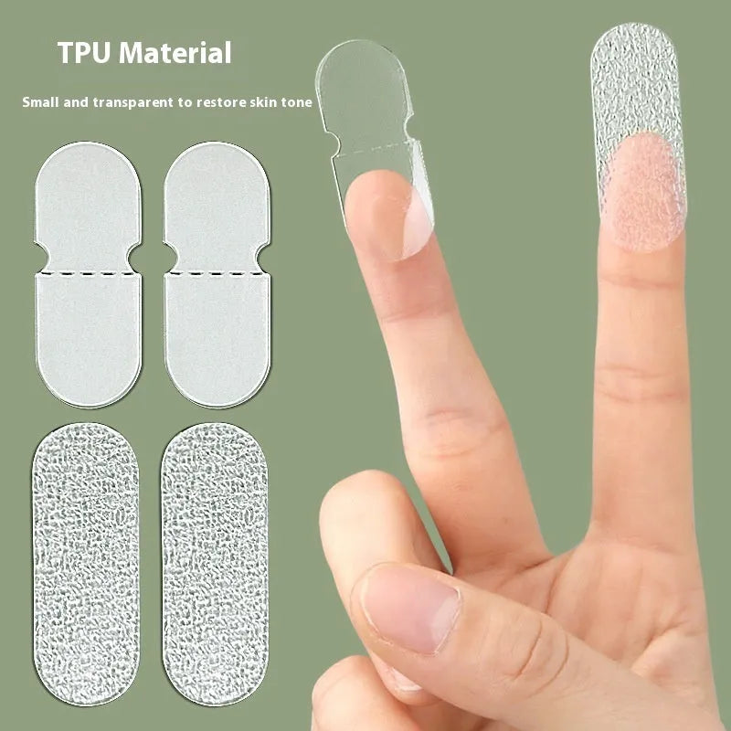 Close-up of transparent and frosted disposable TPU ear patches on backing paper, 0.1cm thick.