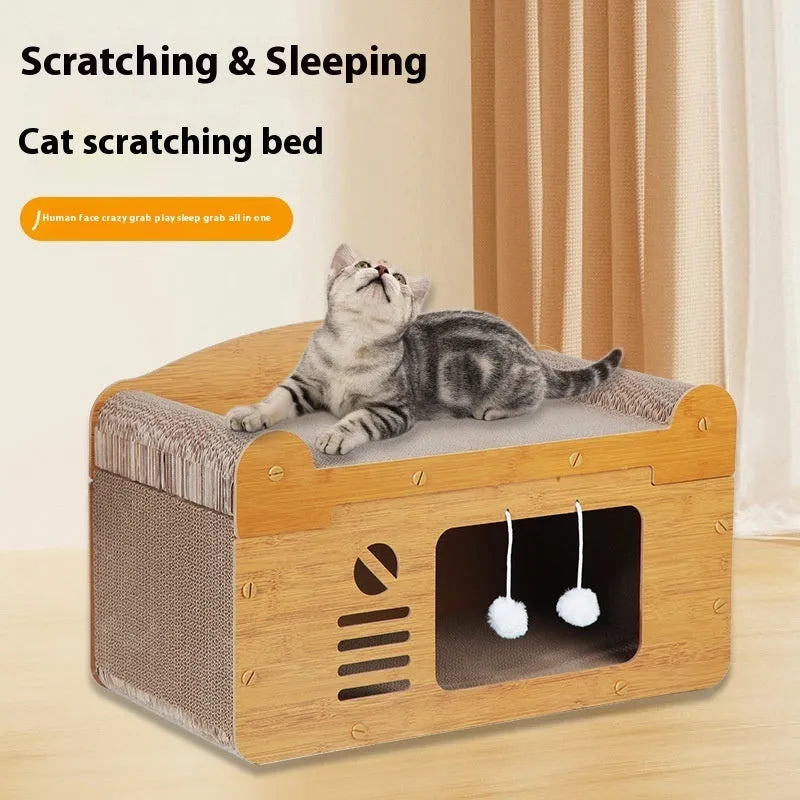 Double-layer corrugated paper cat house with double ball double door design in extra-large 30cm size