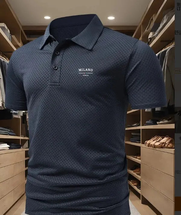 Man wearing a solid colour short-sleeved polo shirt with a formal lapel collar, loose fit.