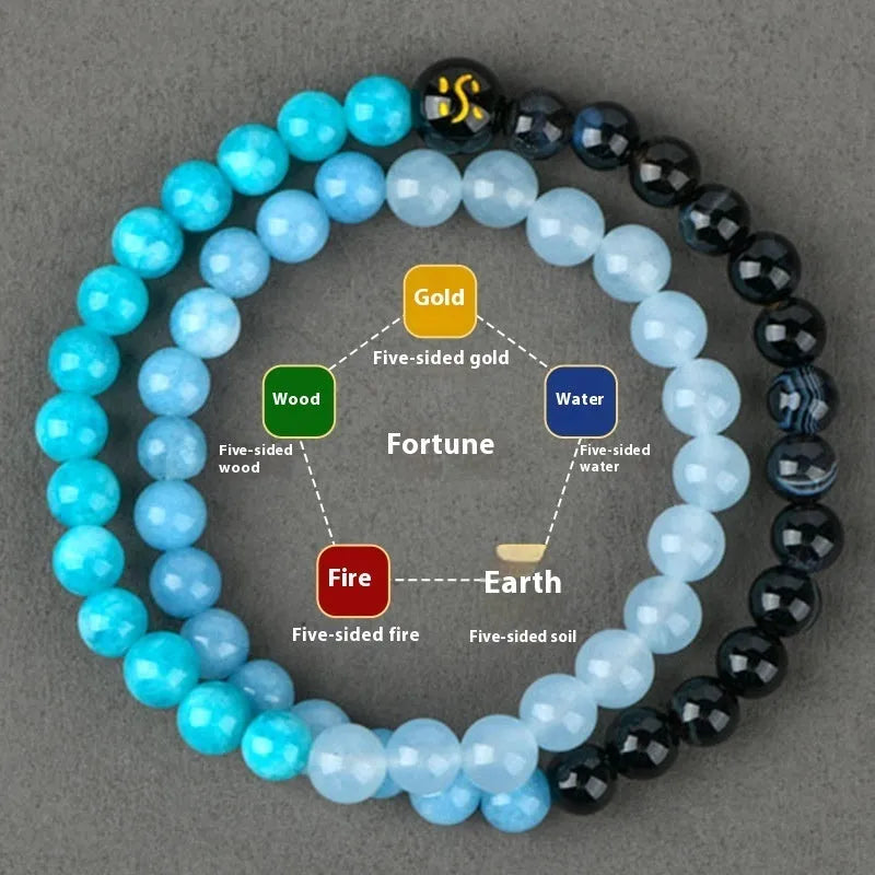 Handmade natural crystal Five Elements double ring bracelet with round beads