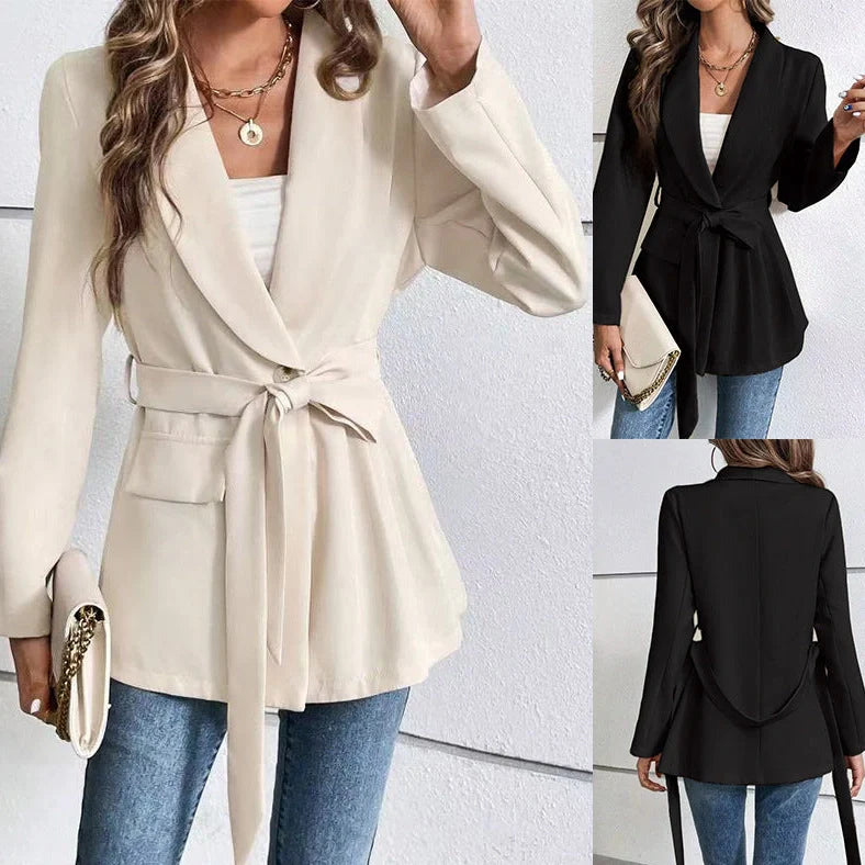 Women's slim fit long sleeve suit coat with lace-up front in black or apricot colours