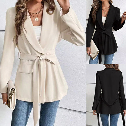 Women's slim fit long sleeve suit coat with lace-up front in black or apricot colours