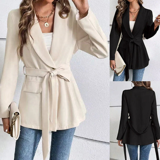 Women's slim fit long sleeve suit coat with lace-up front in black or apricot colours