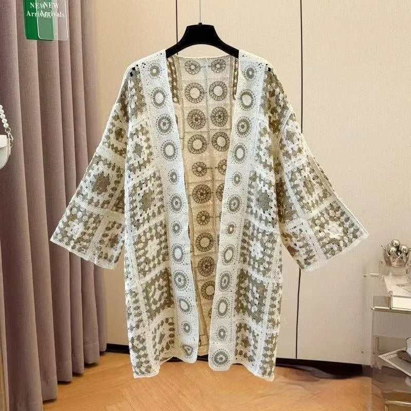 Ladies' loose embroidered thin knit cotton cardigan in black, open front, one size