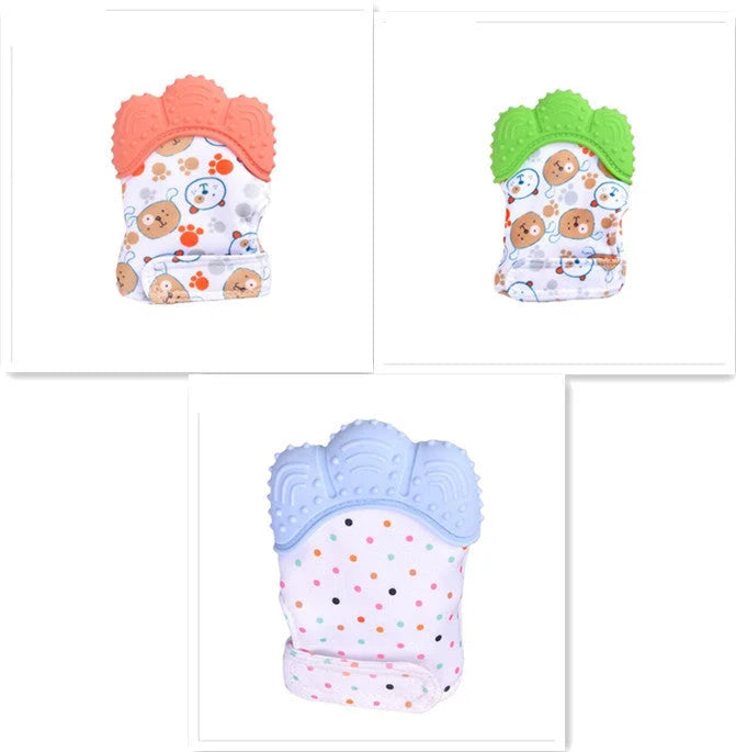 Baby silicone molar teething gloves in various colours with secure Velcro strap