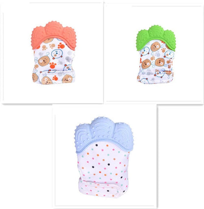 Baby silicone molar teething gloves in various colours with secure Velcro strap