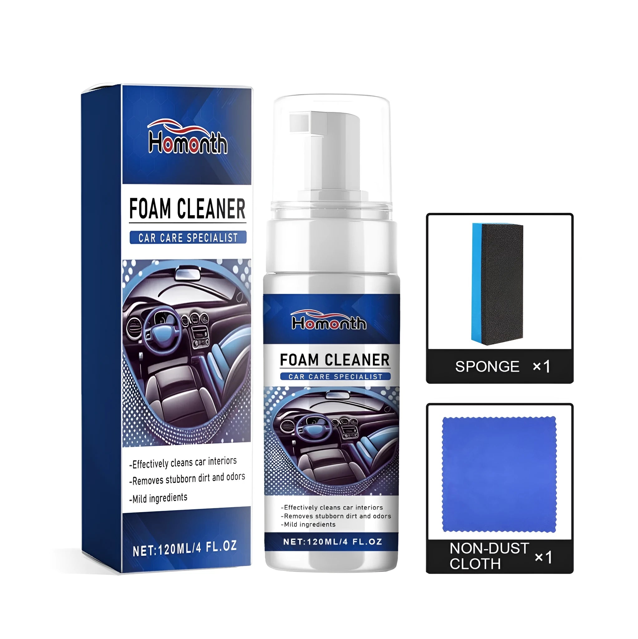 Fast Car Interior Cleaner kit with spray bottle, blue sponge, and microfiber cloth.