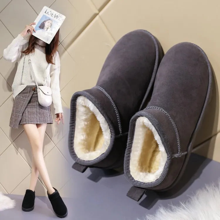 Women's thickened plush hollow-out overshoe boots in brown with PU leather upper and artificial hair insole