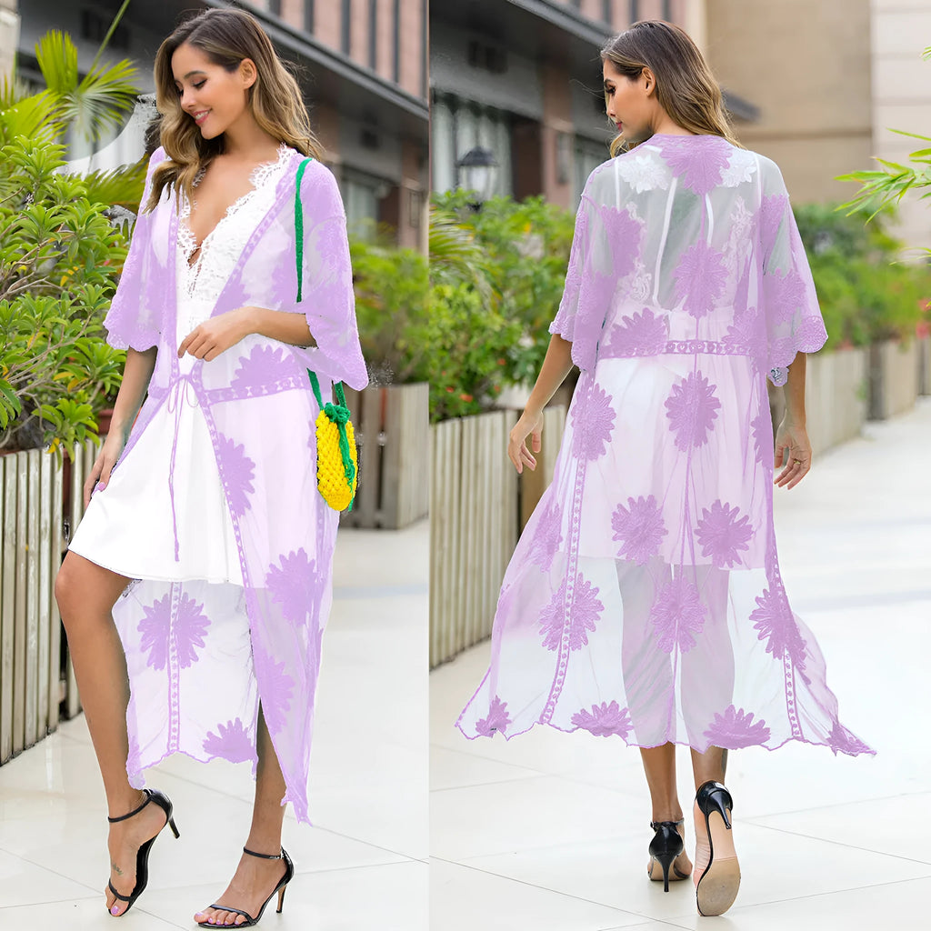 Light purple beach dress with lace embroidery detail, cardigan blouse style swim cover-up