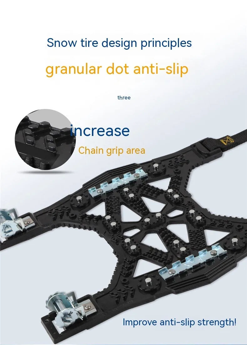 SUV winter snow chains with steel plates in black or yellow including snow shovel and tools