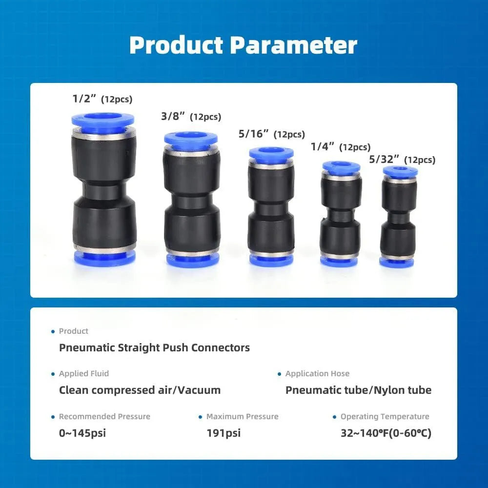 60-piece pneumatic quick connector set showing push-in fittings with R1/4 and R1/2 inch threads