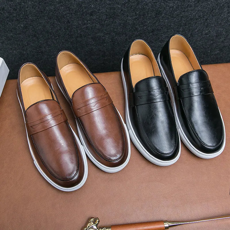 Men's plus size board shoes in black with flat heel, round toe, and artificial PU upper, shown on a neutral background.