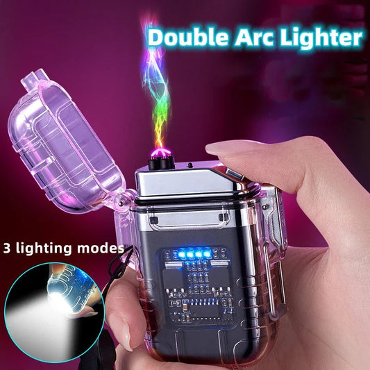 Weatherproof dual-arc electronic lighter with transparent shell, detachable pocket clip, and flashlight functionality for outdoor adventures