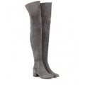 Women's grey over-the-knee flat boots with pointed toe and thick rubber sole