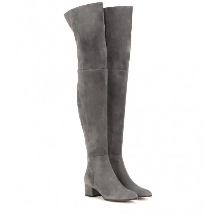 Women's grey over-the-knee flat boots with pointed toe and thick rubber sole