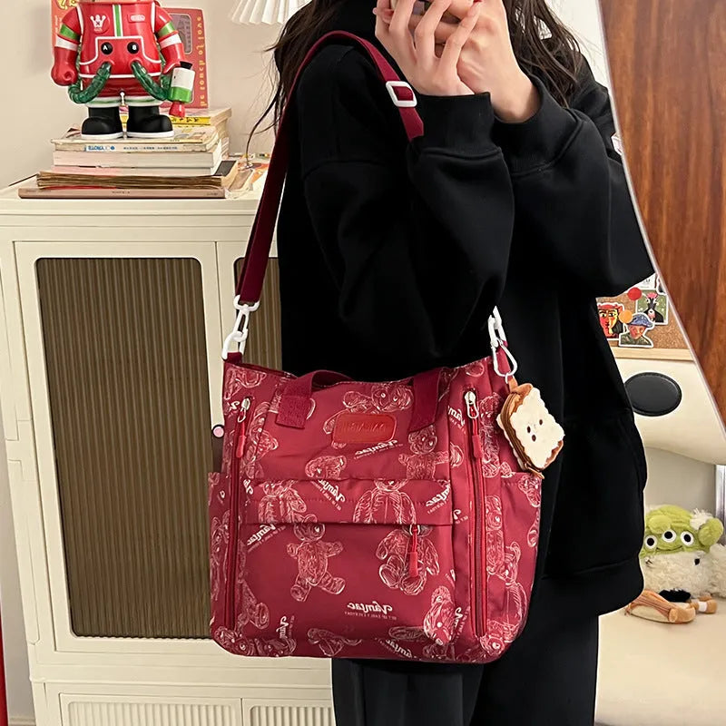 Bear print large capacity multi-pocket nylon tote bag in milky white