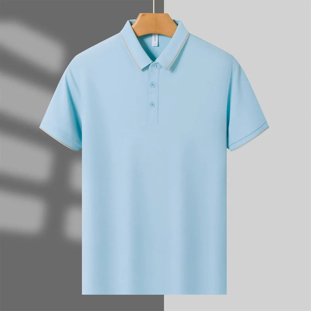 Men's light blue ice ion breathable polo shirt with a single collar lapel and short sleeves.