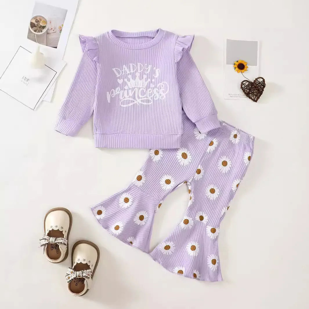 Baby girl cotton long sleeve sunken stripe top and flower print trousers two-piece set in pink