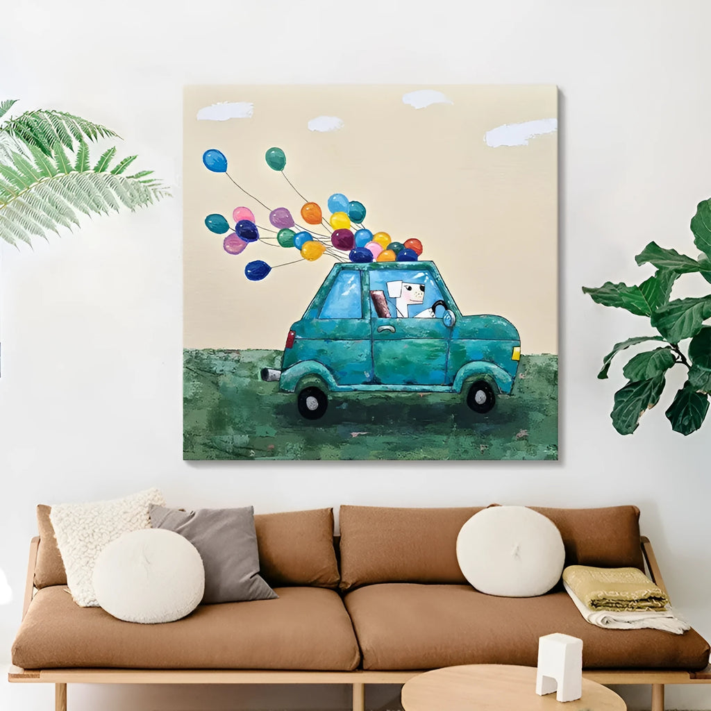 Handmade oil painting on canvas of cartoon car with dog and balloon, square size, frameless rolled canvas