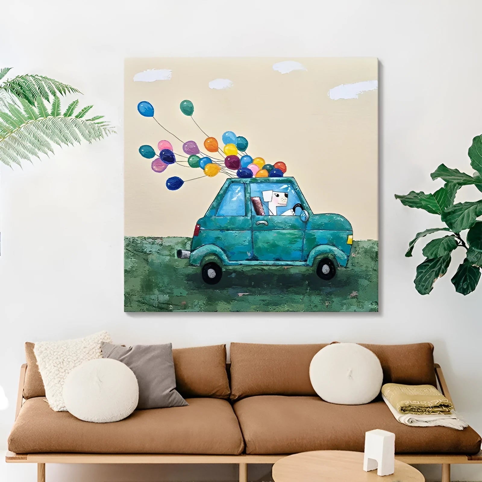 Handmade oil painting on canvas of cartoon car with dog and balloon, square size, frameless rolled canvas