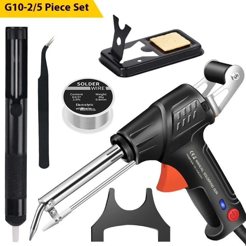 Black alloy soldering gun kit with a light, showing the five-piece set.