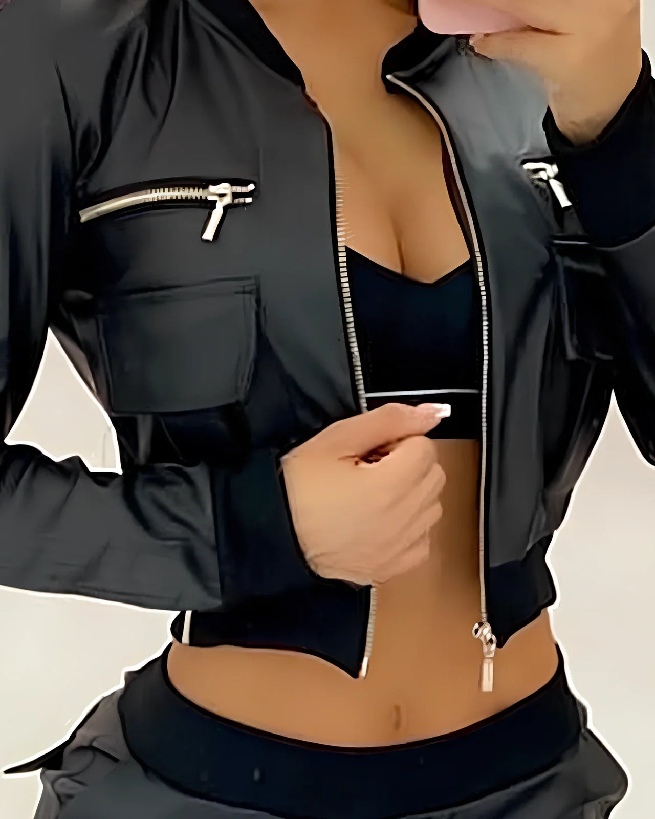 Black PU short baseball uniform jacket with long spliced sleeves, polyester 51-70%, sizes S-XL for women commuting